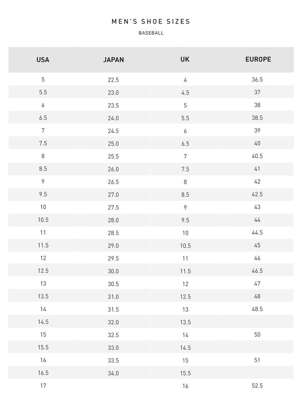 Size Charts - Customer Service | Mizuno USA